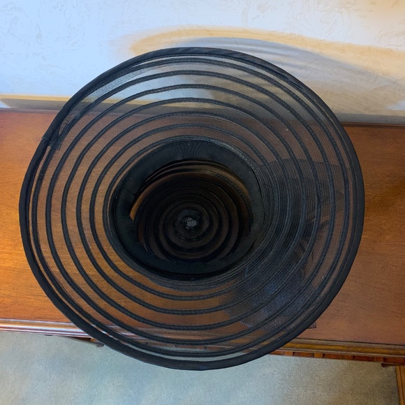 Beautiful black church hat with satin tie, soft feathers, and netting bow - Picture 6 of 7